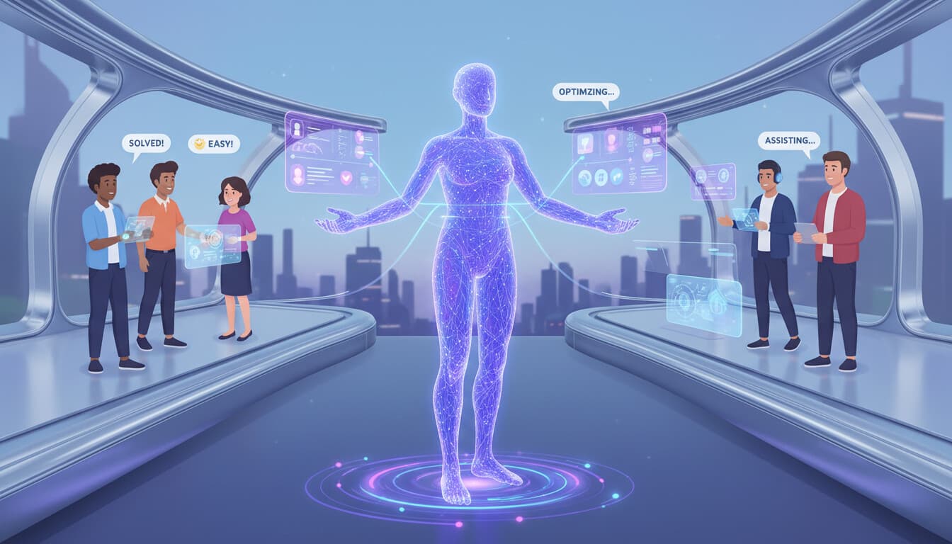 AI assistant hologram helping customers and support agents as an intermediary