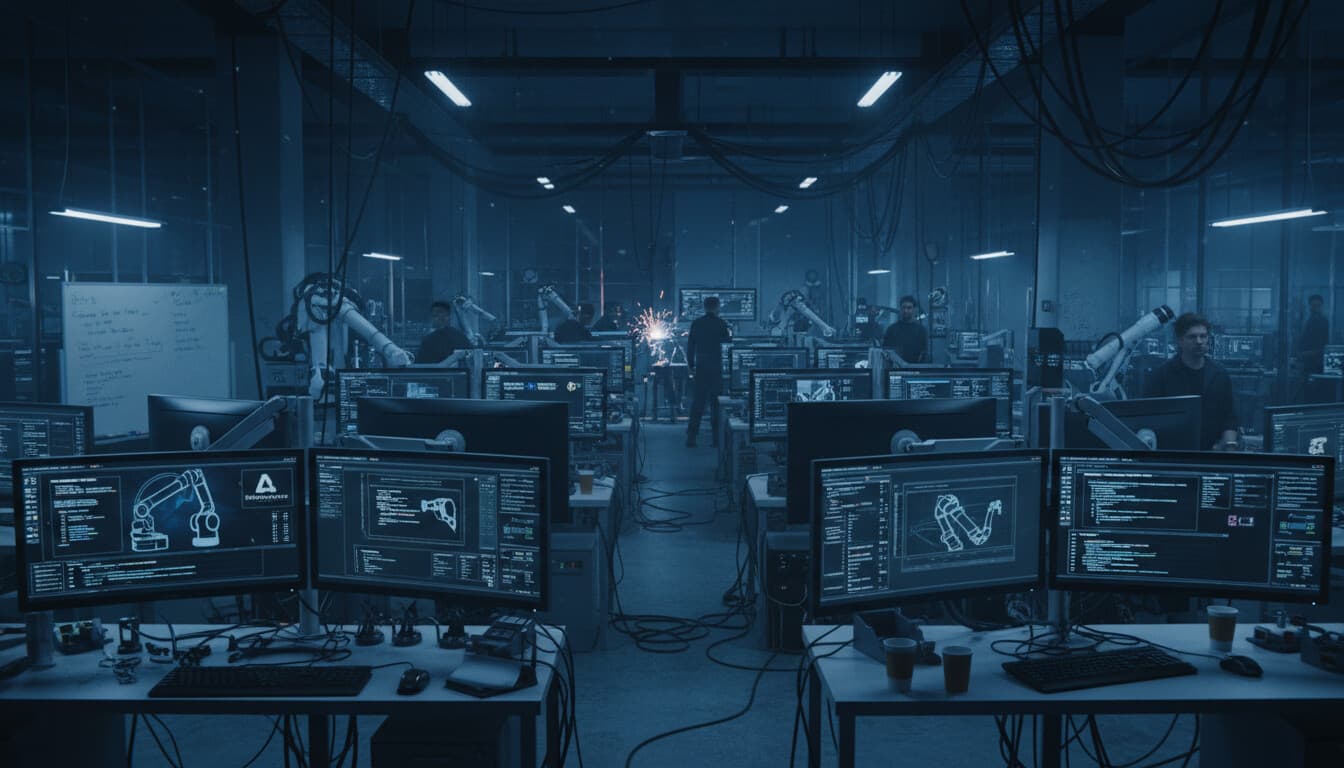 Behind-the-scenes view of automation workshop with multiple screens showing client projects