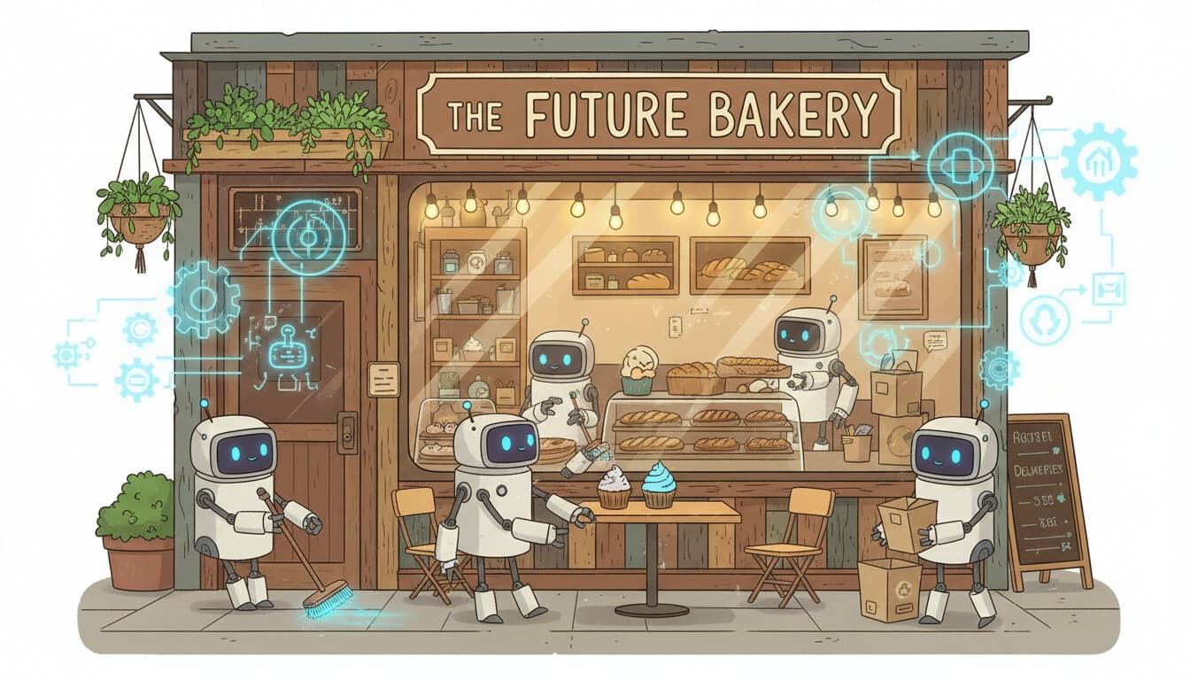 Small business storefront with floating automation icons and robotic helpers