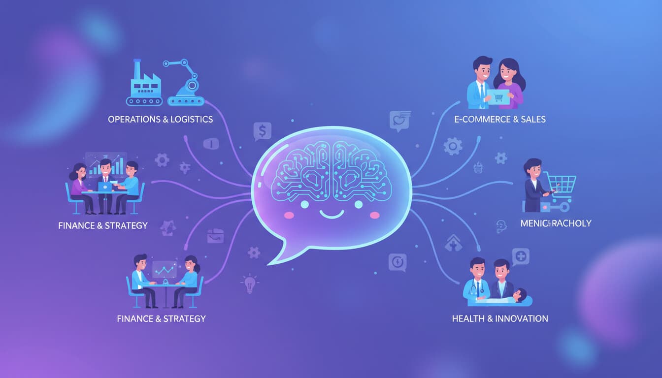 Friendly chat bubble character with AI brain elements helping business scenarios