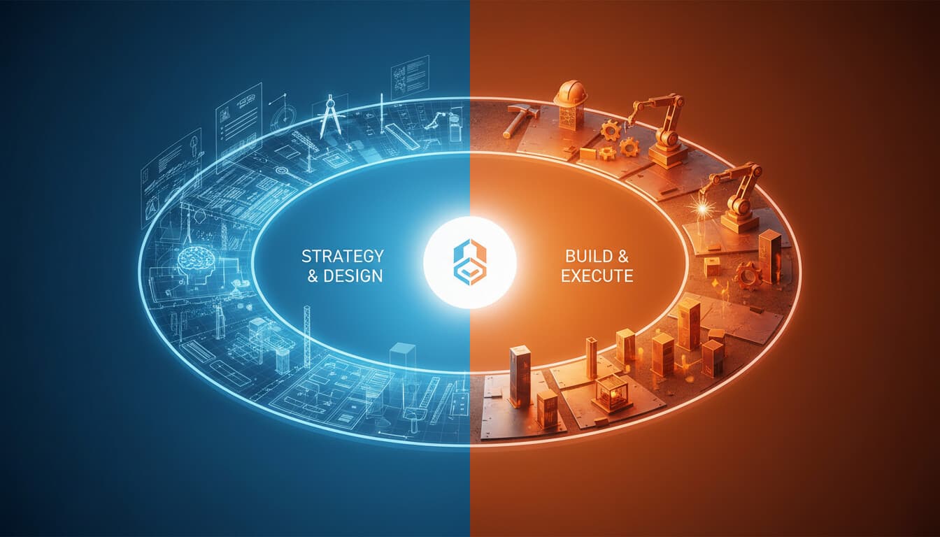 Two paths diverging showing blueprint planning versus construction tools