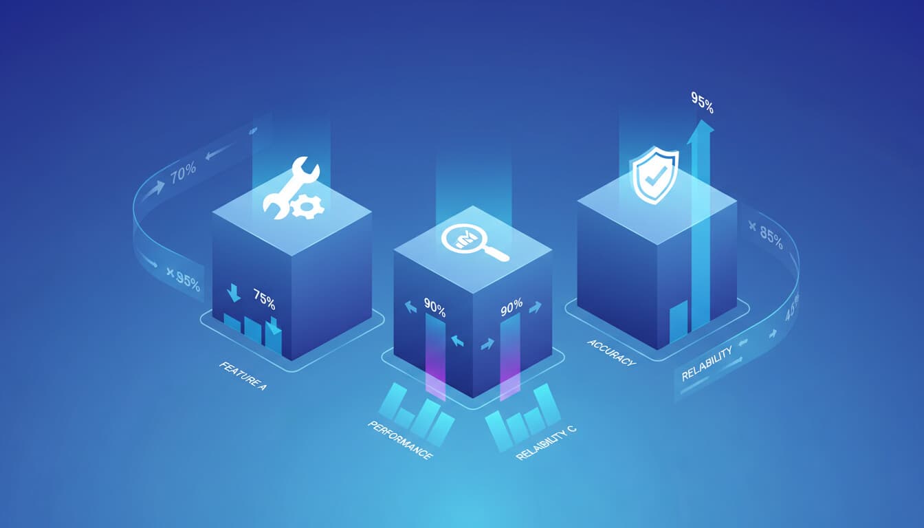 Comparison table as 3D blocks with tool icons showing value comparison