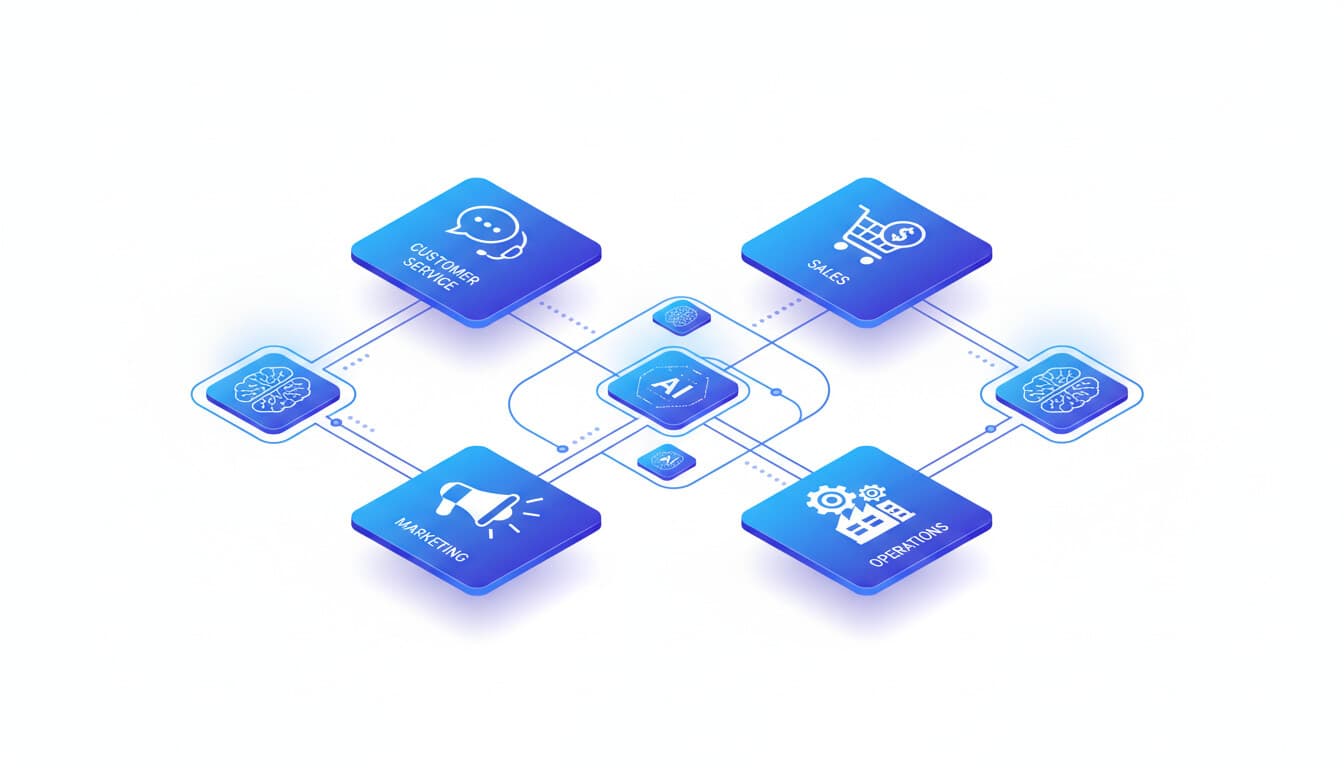 Isometric illustration of interconnected business processes with AI nodes