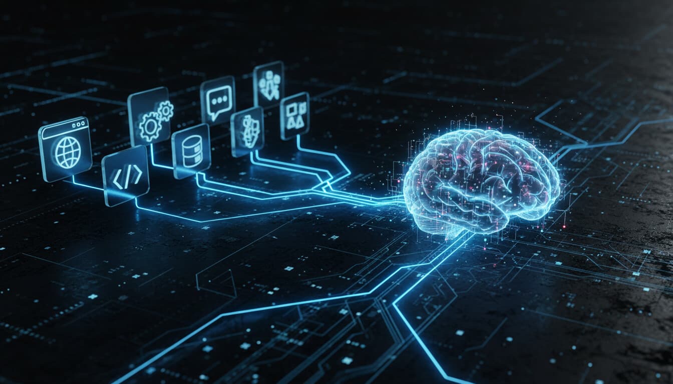 Software application icons connected by neural network lines to a central AI brain
