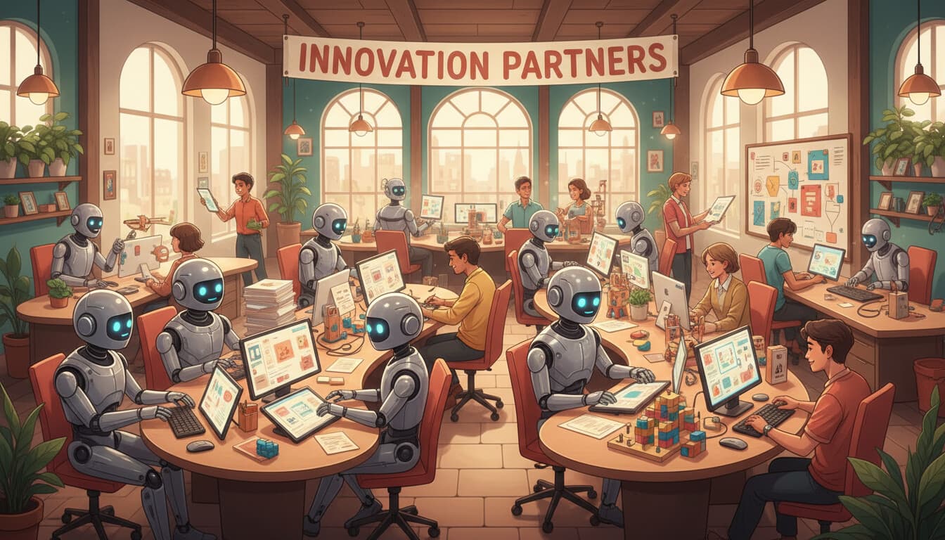 AI robots working alongside human workers in a collaborative office environment