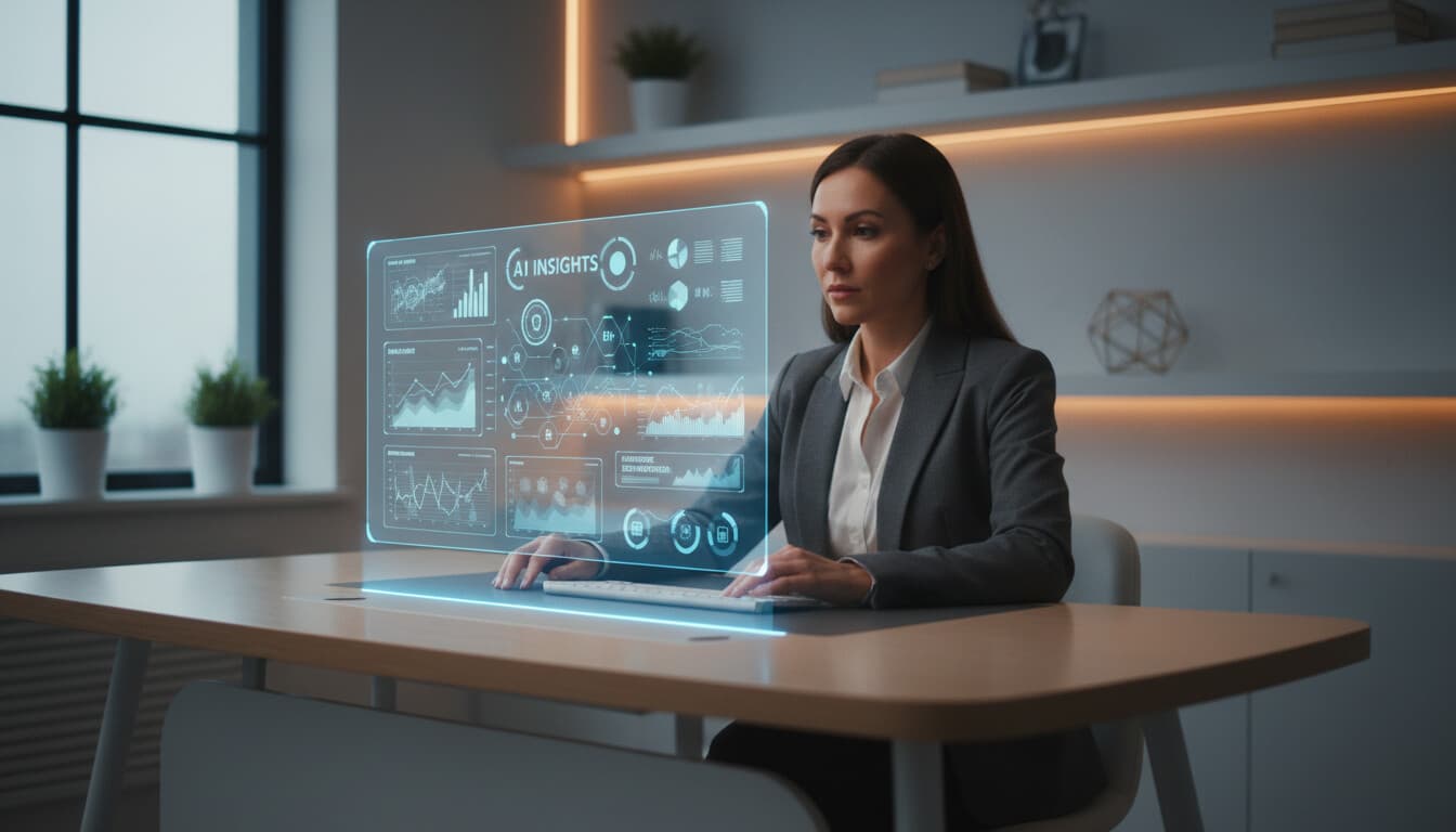 Small business owner viewing AI analytics dashboard with automation icons