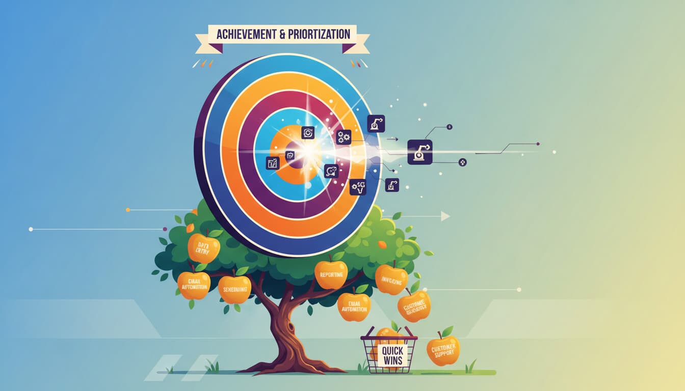 Target bullseye with automation icons hitting the center representing quick wins