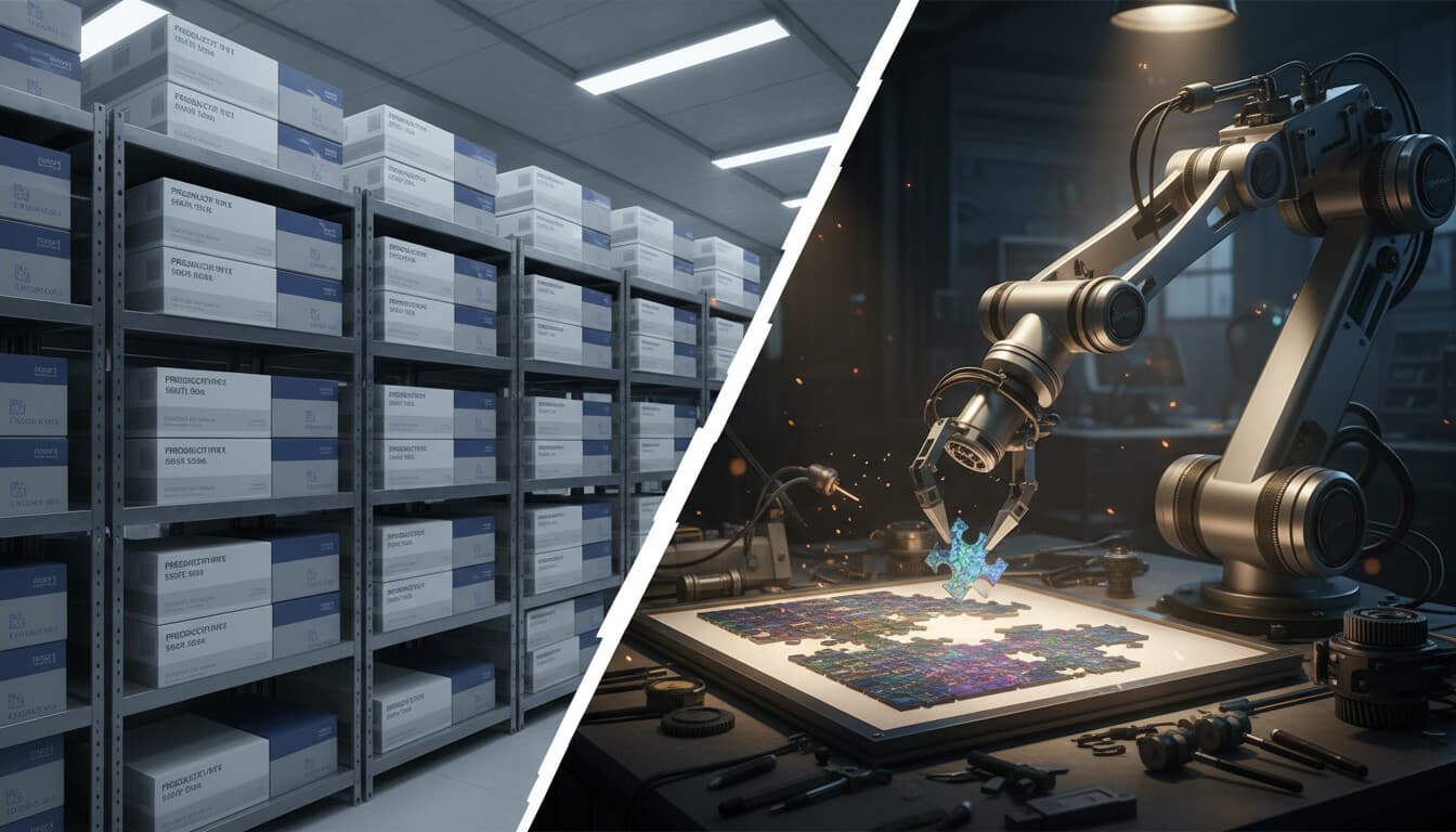Custom-built robotic arm assembling puzzle pieces representing bespoke AI solutions