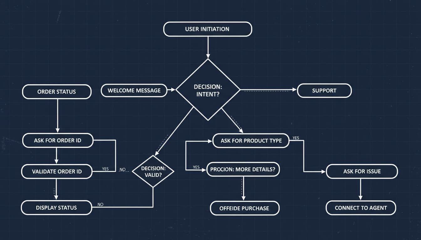 Flowchart visualization of chatbot conversation paths with branching decision nodes