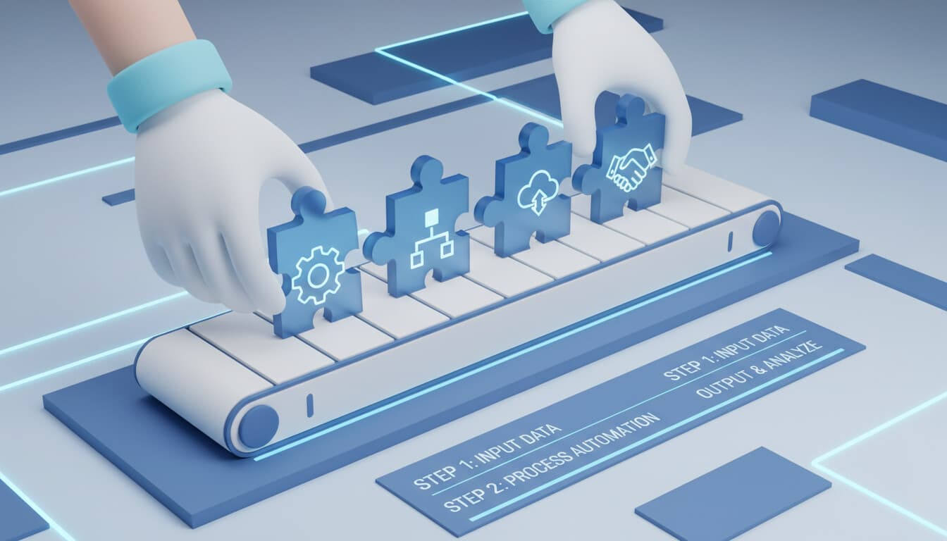 Hands placing puzzle pieces into an automated conveyor belt system