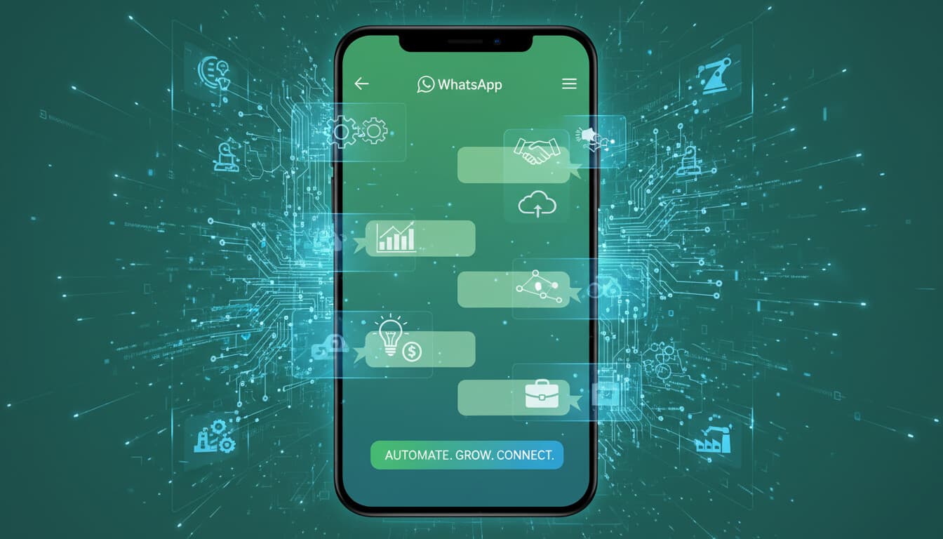 WhatsApp chat interface merging with AI circuit patterns and automation icons