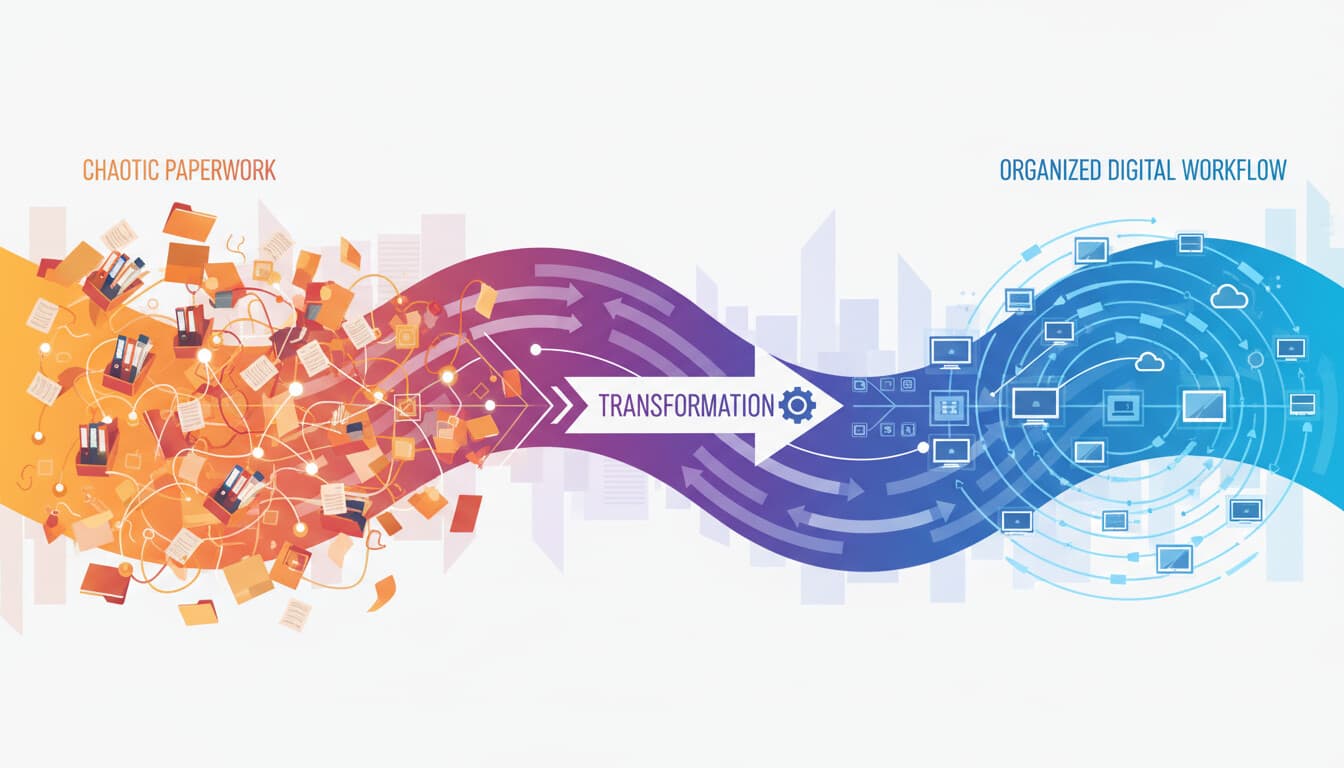 Flowing river of connected workflow nodes transforming from chaotic papers to organized processes