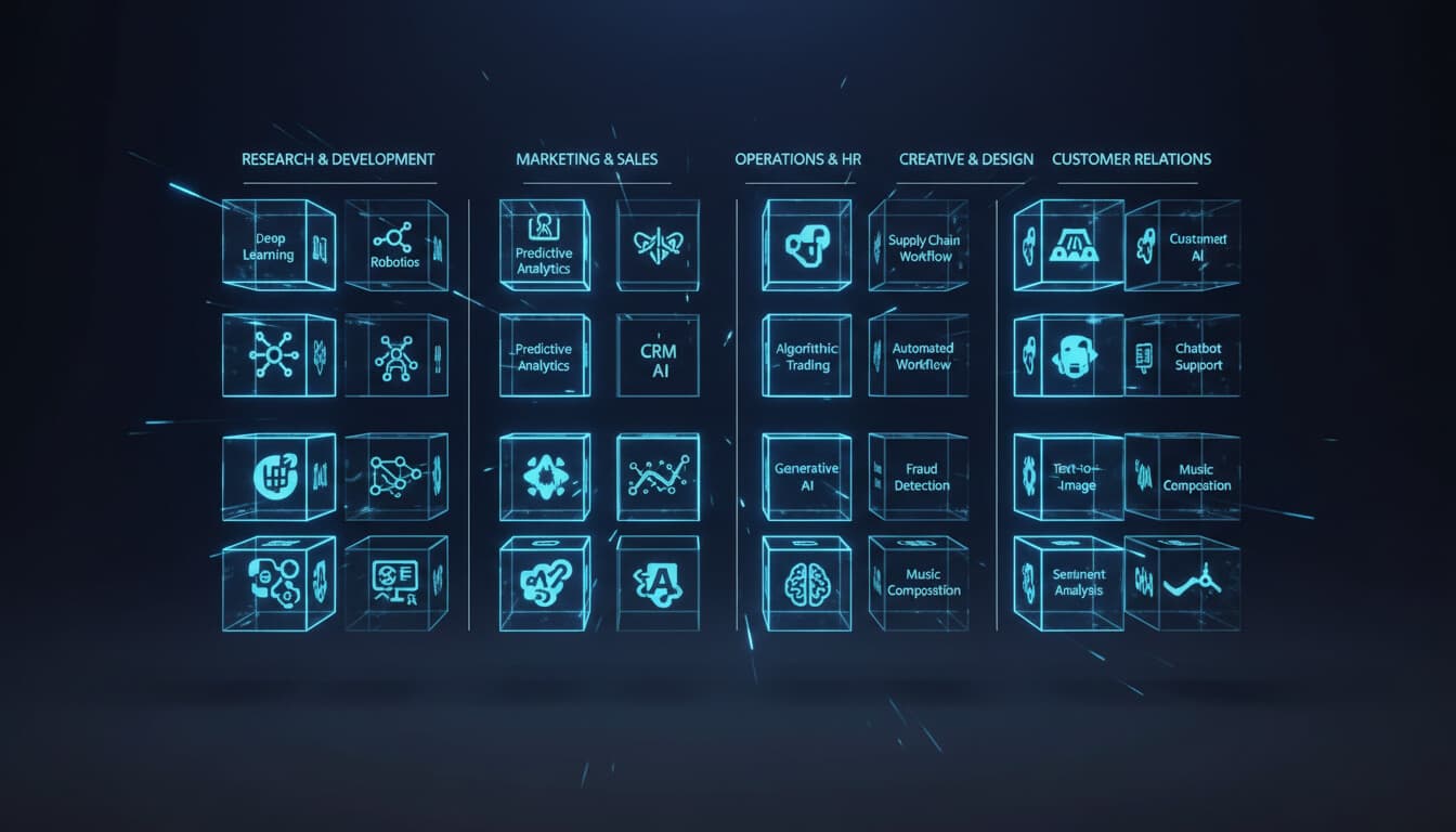 Grid of abstract AI tool icons organized by department categories
